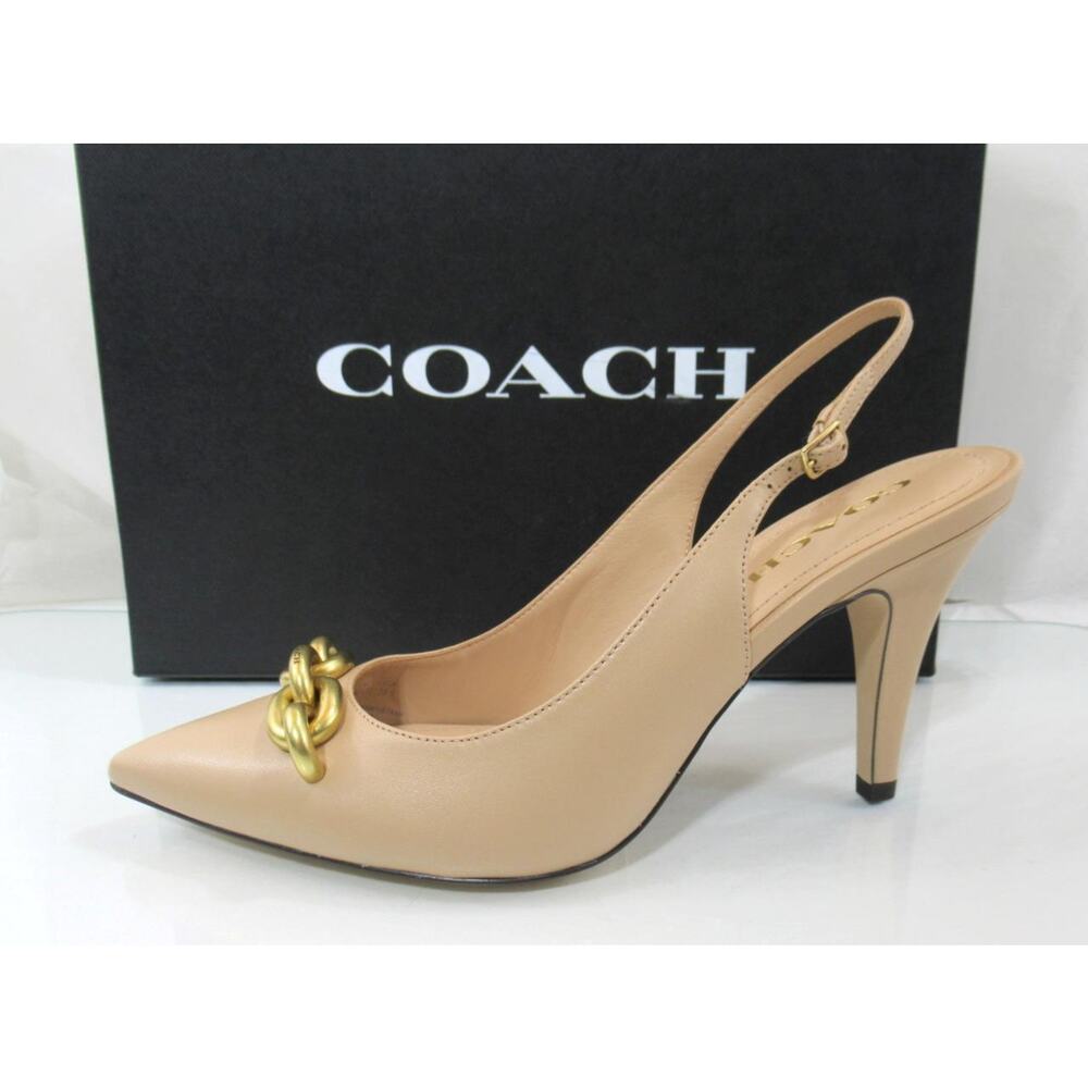 Coach Sadie Leather Slingback Chain Trimmed Sandals Pumps Beechwood Nude Size 9 - Picture 2 of 7